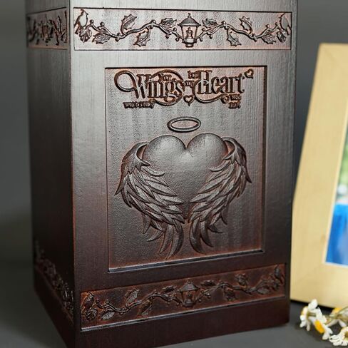 Large Wooden Urn for Adult Male Female Ashes, Decorative Cremation Urn for Human Ashes, Funeral Memorial Wooden Box Urn for Women Men with Relief Sculpture with Velvet Bag(Heart-Wings) in Saudi Arabia