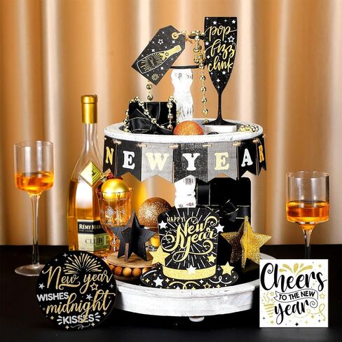 Umigy 14 Pcs Happy New Year Christmas Tiered Tray Decor Set Winter Table Decorations Star Formal Hat Wooden Signs New Year Rustic Decor Xmas Table Centerpieces for Home Kitchen Holiday in Saudi Arabia