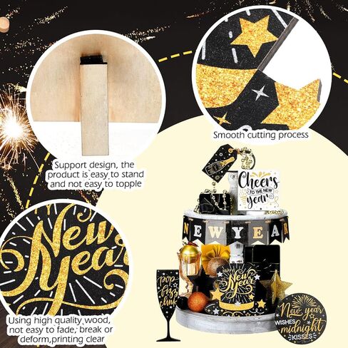 Umigy 14 Pcs Happy New Year Christmas Tiered Tray Decor Set Winter Table Decorations Star Formal Hat Wooden Signs New Year Rustic Decor Xmas Table Centerpieces for Home Kitchen Holiday in Saudi Arabia