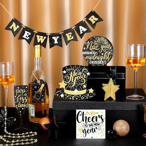 Umigy 14 Pcs Happy New Year Christmas Tiered Tray Decor Set Winter Table Decorations Star Formal Hat Wooden Signs New Year Rustic Decor Xmas Table Centerpieces for Home Kitchen Holiday in Saudi Arabia