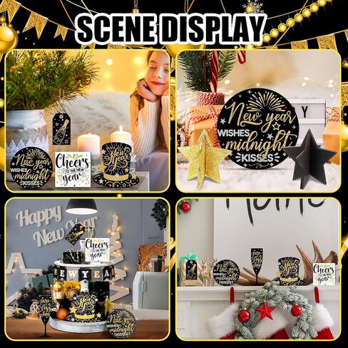 Umigy 14 Pcs Happy New Year Christmas Tiered Tray Decor Set Winter Table Decorations Star Formal Hat Wooden Signs New Year Rustic Decor Xmas Table Centerpieces for Home Kitchen Holiday in Saudi Arabia