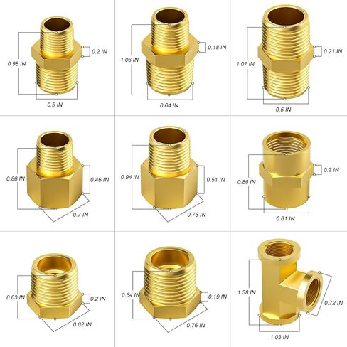 GASHER 12PCS Brass Hex Bushing Fitting Kit Hex Bushing 1/4" - 1/8", 3/8" - 1/8", 3/8" - 1/4", 1/2" - 1/4", 1/2" - 3/8", 3/4" - 1/2" in Kuwait