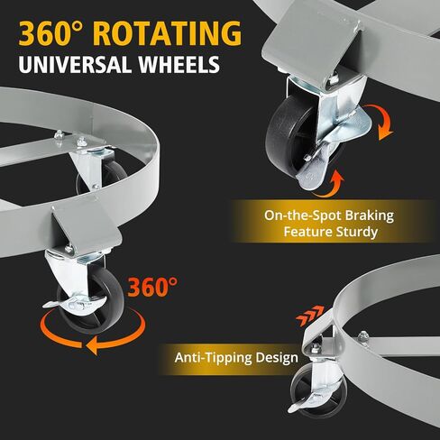 55 Gallon Drum Dolly - 4 Wheels, 1000lbs Load Capacity, 67cm Outer Ring, 3" Universal Casters, 2 Braked Rollers in Saudi Arabia