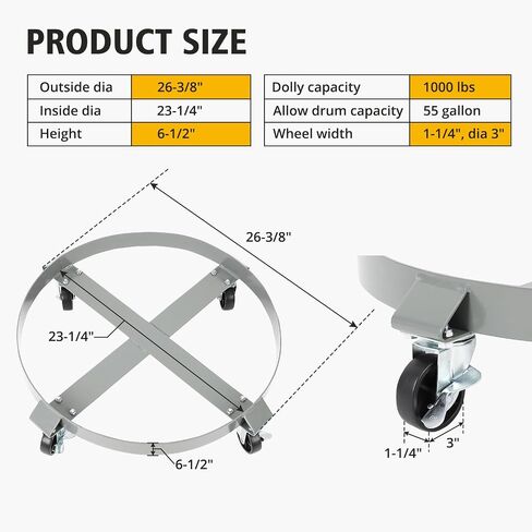 55 Gallon Drum Dolly - 4 Wheels, 1000lbs Load Capacity, 67cm Outer Ring, 3" Universal Casters, 2 Braked Rollers in Saudi Arabia