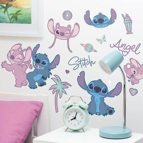 ملصقات جدارية لغرفة الأطفال من Disney مرخصة رسميًا من Stitch and Angel، ديكورات ملصقات لغرفة اللعب لشخصيات كرتونية قابلة لإعادة الاستخدام للأولاد والبنات، ديكور باللونين الوردي والأرجواني وإكسسوارات الهدايا | بالادون in Kuwait