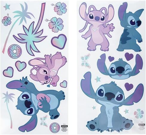 ملصقات جدارية لغرفة الأطفال من Disney مرخصة رسميًا من Stitch and Angel، ديكورات ملصقات لغرفة اللعب لشخصيات كرتونية قابلة لإعادة الاستخدام للأولاد والبنات، ديكور باللونين الوردي والأرجواني وإكسسوارات الهدايا | بالادون in Kuwait
