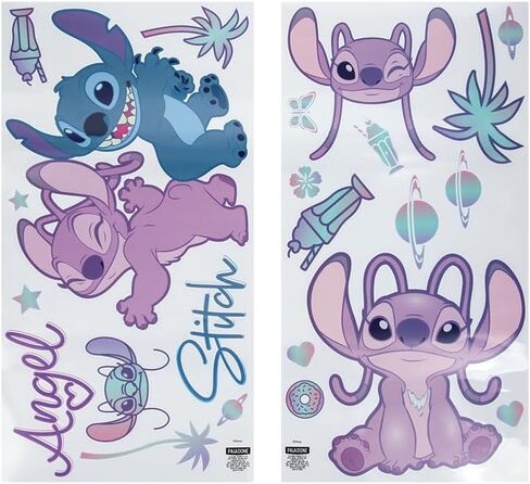 ملصقات جدارية لغرفة الأطفال من Disney مرخصة رسميًا من Stitch and Angel، ديكورات ملصقات لغرفة اللعب لشخصيات كرتونية قابلة لإعادة الاستخدام للأولاد والبنات، ديكور باللونين الوردي والأرجواني وإكسسوارات الهدايا | بالادون in Kuwait