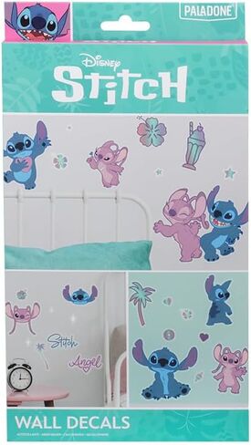 ملصقات جدارية لغرفة الأطفال من Disney مرخصة رسميًا من Stitch and Angel، ديكورات ملصقات لغرفة اللعب لشخصيات كرتونية قابلة لإعادة الاستخدام للأولاد والبنات، ديكور باللونين الوردي والأرجواني وإكسسوارات الهدايا | بالادون in Kuwait