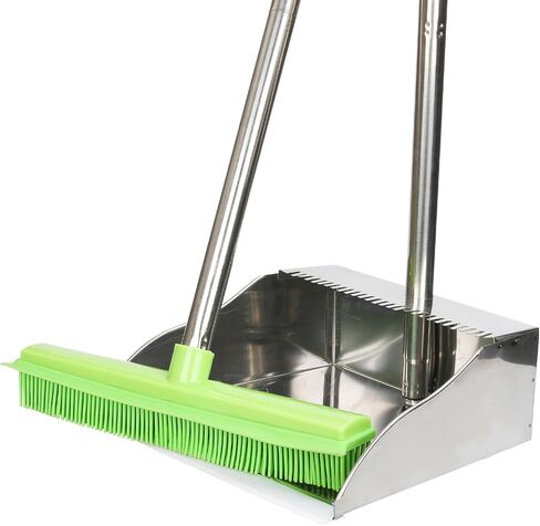 Rubber Broom and Dustpan Set,Pet Hair Removal Rubber Broom with Squeegee and Stainless Steel Dust Pan,Carpet Rake Push Broom and Dustpan for Fluff Hardwood Floor Tile (Black) in Saudi Arabia