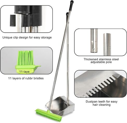 Rubber Broom and Dustpan Set,Pet Hair Removal Rubber Broom with Squeegee and Stainless Steel Dust Pan,Carpet Rake Push Broom and Dustpan for Fluff Hardwood Floor Tile (Black) in Saudi Arabia