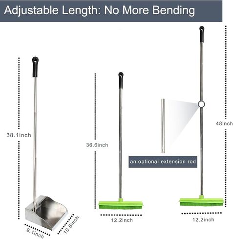 Rubber Broom and Dustpan Set,Pet Hair Removal Rubber Broom with Squeegee and Stainless Steel Dust Pan,Carpet Rake Push Broom and Dustpan for Fluff Hardwood Floor Tile (Black) in Saudi Arabia