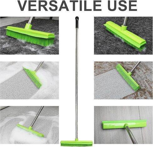 Rubber Broom and Dustpan Set,Pet Hair Removal Rubber Broom with Squeegee and Stainless Steel Dust Pan,Carpet Rake Push Broom and Dustpan for Fluff Hardwood Floor Tile (Black) in Saudi Arabia