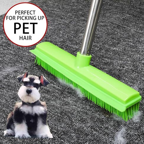 Rubber Broom and Dustpan Set,Pet Hair Removal Rubber Broom with Squeegee and Stainless Steel Dust Pan,Carpet Rake Push Broom and Dustpan for Fluff Hardwood Floor Tile (Black) in Saudi Arabia