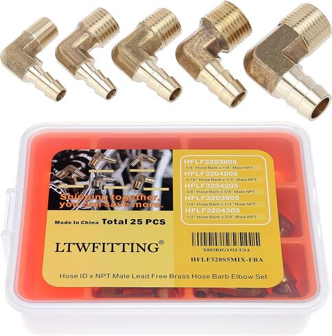 مجموعة متنوعة من خرطوم معرف LTWFITTING (1/4 بوصة إلى 1/2 بوصة) × (1/8 بوصة إلى 3/8 بوصة) مجموعة كوع خرطوم نحاسي ذكر NPT للمياه (عبوة من 25 قطعة) in Saudi Arabia