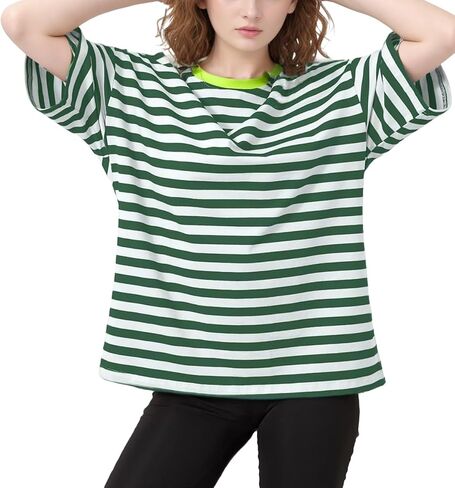 Women Oversized Striped T Shirts Color Block Shirt Crew Neck Basic Casual Tops Y2K Loose Pullover Short Sleeve Tee Tops in Saudi Arabia