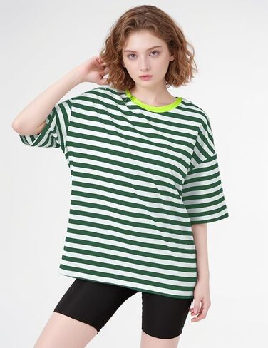 Women Oversized Striped T Shirts Color Block Shirt Crew Neck Basic Casual Tops Y2K Loose Pullover Short Sleeve Tee Tops in Saudi Arabia