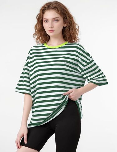 Women Oversized Striped T Shirts Color Block Shirt Crew Neck Basic Casual Tops Y2K Loose Pullover Short Sleeve Tee Tops in Saudi Arabia