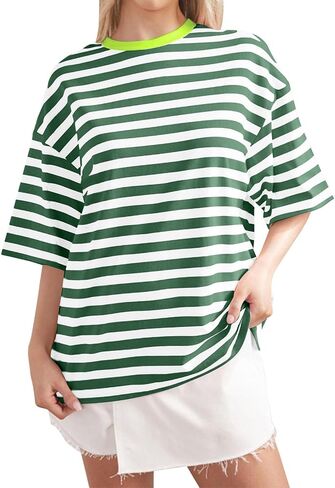 Women Oversized Striped T Shirts Color Block Shirt Crew Neck Basic Casual Tops Y2K Loose Pullover Short Sleeve Tee Tops in Saudi Arabia