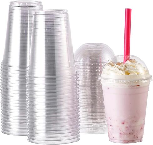 [100 Sets-16 oz.] Plastic Cups With Dome Straw Slot Lids PET Crystal Clear Disposable Togo Cup BPA Free For Party Ice Cold Drinks Coffee Tea Parfait Dessert Smoothie Bubble Boba Fruit Milkshake Slush in Kuwait
