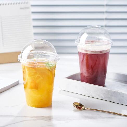 [100 Sets-16 oz.] Plastic Cups With Dome Straw Slot Lids PET Crystal Clear Disposable Togo Cup BPA Free For Party Ice Cold Drinks Coffee Tea Parfait Dessert Smoothie Bubble Boba Fruit Milkshake Slush in Kuwait