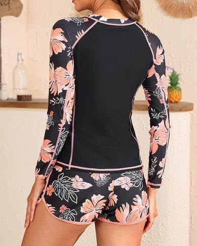 Women's Long Sleeves Rash Guard - 2 Piece Swimsuits with Built in Bra Swim Shirt and Shorts with Pockets in Kuwait