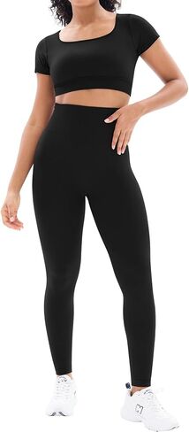 Womens Seamless Workout Sets 2 Piece Open Back Crop Tops High Waist Leggings Yoga Outfits Gym Clothes Sets in Saudi Arabia
