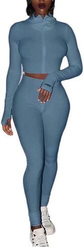 المرأة مثير 2 قطعة وتتسابق مضلع سستة عالية الرقبة المحاصيل الأعلى الإبهام ثقوب طويلة Bodycon فستان أطفال مع سروال داخلي رياضية كلوبوير in Kuwait