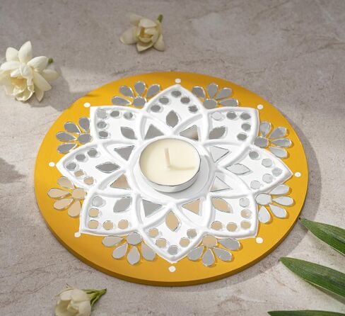 حامل شموع Tealight من IndoTribe - 6 بوصة، حامل شموع Lippan Tealight أصفر وأبيض | حامل إضاءة على شكل حرف T لديكورات ديوالي للمنزل، غانيش بوجا، ديكورات الزفاف الهندية in Kuwait
