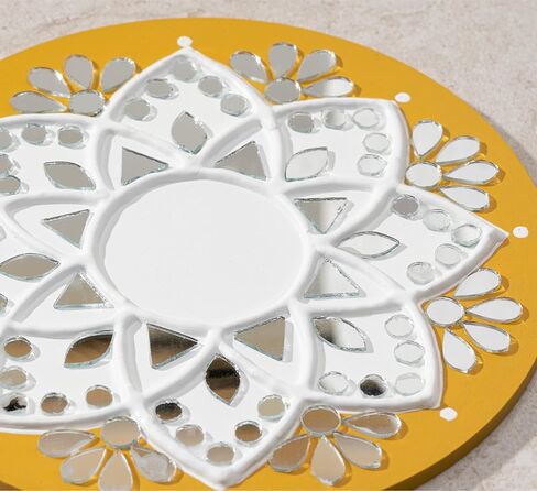 حامل شموع Tealight من IndoTribe - 6 بوصة، حامل شموع Lippan Tealight أصفر وأبيض | حامل إضاءة على شكل حرف T لديكورات ديوالي للمنزل، غانيش بوجا، ديكورات الزفاف الهندية in Kuwait