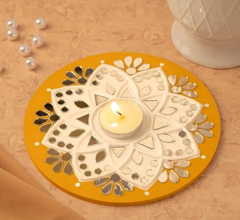 حامل شموع Tealight من IndoTribe - 6 بوصة، حامل شموع Lippan Tealight أصفر وأبيض | حامل إضاءة على شكل حرف T لديكورات ديوالي للمنزل، غانيش بوجا، ديكورات الزفاف الهندية in Kuwait