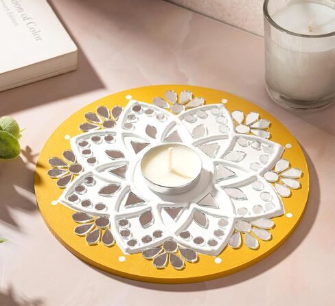 حامل شموع Tealight من IndoTribe - 6 بوصة، حامل شموع Lippan Tealight أصفر وأبيض | حامل إضاءة على شكل حرف T لديكورات ديوالي للمنزل، غانيش بوجا، ديكورات الزفاف الهندية in Kuwait