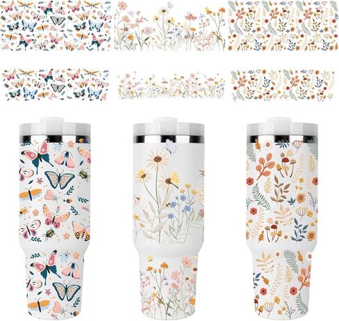 UV DTF Cup Wrap - 3 Set Flower UV DTF Cup Wraps for 40 oz Tumbler Butterfly Uvdtf Cup Wraps Plant Personalized Waterproof UV DTF Wraps for Glass Cups Wood Crafts in Kuwait