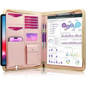 Darolin [Zippered] Portfolio Padfolio Organizer Binder with Clipboard, Leather Business Interview Resume Document Holder Folder Planner Organizer for Office Conference Notepad Bag for Women-Blue