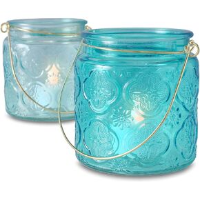 Beach Chic Candle Lanterns, Set of 2, Aqua and Turquoise Blue, Translucent Glass, Candle Holders, 4 H Inches