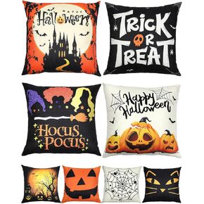 Halloween Decorations Set Of 4 Double-Sided Print Pillow Covers 18" x 18", with 8 Cute Halloween Decor Patterns, Elegant Invisible Zipper, Soft Linen Throw Pillow Covers for Outdoor & Indoor Use