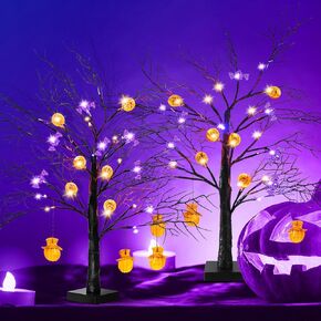Black Halloween Tree with Lights Decorations: 2 Pack 2FT Scary Spooky Trees with 48 LED Lighted 6 Orange Pumpkin 6 Purple Bats Battery Powered for Outdoor Indoor Home Party Christmas Table Room Decor