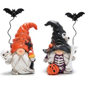 Hodao Gnomes Halloween Gnomes Decoration Handmade Scandinavian Gnomes Figurines with Iron Bat Halloween Gnomes Figurines with Spider Decor Halloween Pumpkin Home Table Decoration Gifts 2PCS