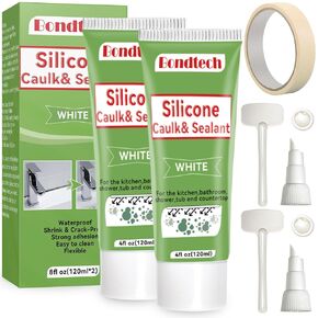 8 Oz White Silicone Caulk Bathroom, Bathroom Caulk, White Caulking Silicone Waterproof for Kitchen & Bathroom, Shower, Countertops, Long-Lasting, Shrink & Crack Proof (4 Oz, Pack of 2)