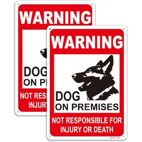 Dogs On Premises Sign,Beware of Dog Sign For Fence Door Gate,2 Pack 10" x 7" Dog in Yard Warning Signs Not Responsible for Injury or Death,Aluminum Reflective Metal Sign - Do Not Enter Without Permission - Security Signs