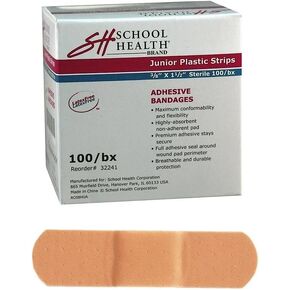 School Health - Adhesive Bandages, Comfortable Form-Fitting Protection & Wound Care for Cuts and Scrapes, Premium Adhesive Stays Secure with Movement, Junior Plastic Bandages - 3/8" x 1-1/2" 100/Box