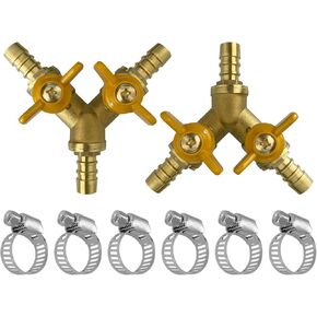 2Pcs 3 Way Shut Off Ball Valve, 5/8" Hose Barb 2 Switch Brass Y Shaped Ball Valve with Clamps for Water/Fuel/Air