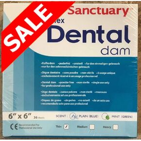 (صنع في ماليزيا) Sanctuary DENTAL DAM Latex 6"X6" (رفيع) 36 ورقة زرقاء (6X6، أزرق)