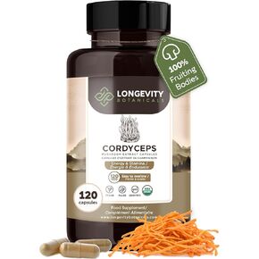 Longevity Botanicals Organic Cordyceps Mushroom Capsules - Ultra Concentrated Cordyceps Mushroom Extract Supplement - Promotes Energy, Endurance and Stamina - 100% Fruiting Body - 120 Count