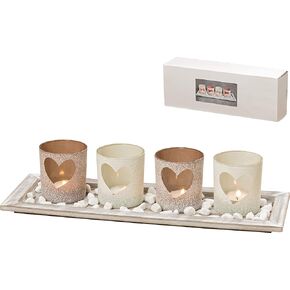Americana Windlight Centerpiece Set of 5, 4 Tealight Candle Holders with Heart Shaped Windows, Decorative Pebbles, 1 Natural Wood Tray, Over 1 Ft Long
