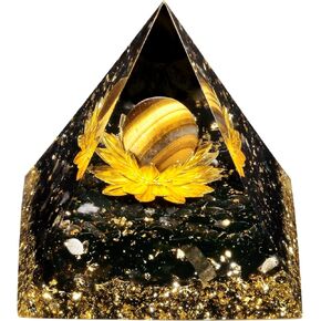 Green Aventurine Sphere Orgone Pyramid with Golden Lotus and Black Obsidian Stones Energy Natural Generator for Meditation Healing Chakra Home Decoration