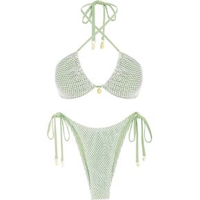 Women's Bikini Sets Halter Fishnet Shell Decorated Two Piece Swimsuit Sexy Side Tie Thong Bandeau Bathing Suits