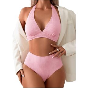 SOLY HUX Women's High Waisted Bikini Sets Tummy Control Swimsuits Deep V Neck Halter Two Piece Bathing Suit