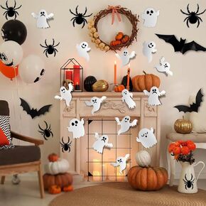 45Pcs Halloween Ghost Wall Decor 3D Ghost/Bats/Spider Wall Stickers Decals Decorations Cute Halloween Party Supplies for Home Window Door Wall Room Decor