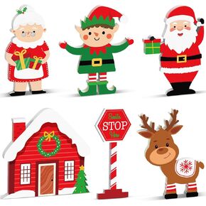 Yousoontic 6 Pcs Christmas Tiered Tray Decor Wooden Christmas Table Decorations Table Centerpieces Santa Stop Here Sign for Christmas Tabletop Decorations Holidays Farmhouse Winter Theme Parties Home