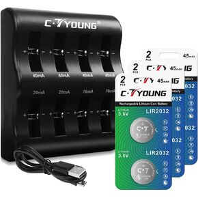 CTYOUNG LIR2450 Rechargeable Coin Battery with Charger 8 Slots -2450 Lithium Button Batteries10 Pack Replacing cr2450 3V
